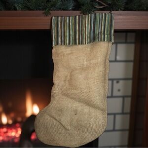 Christmas Stocking green with green  Trim burlap hand crafted lined